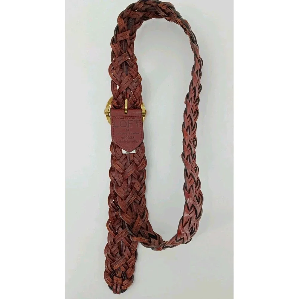 LOFT Woven Braided Leather Belt Brown Gold Circle Buckle Medium Boho Western